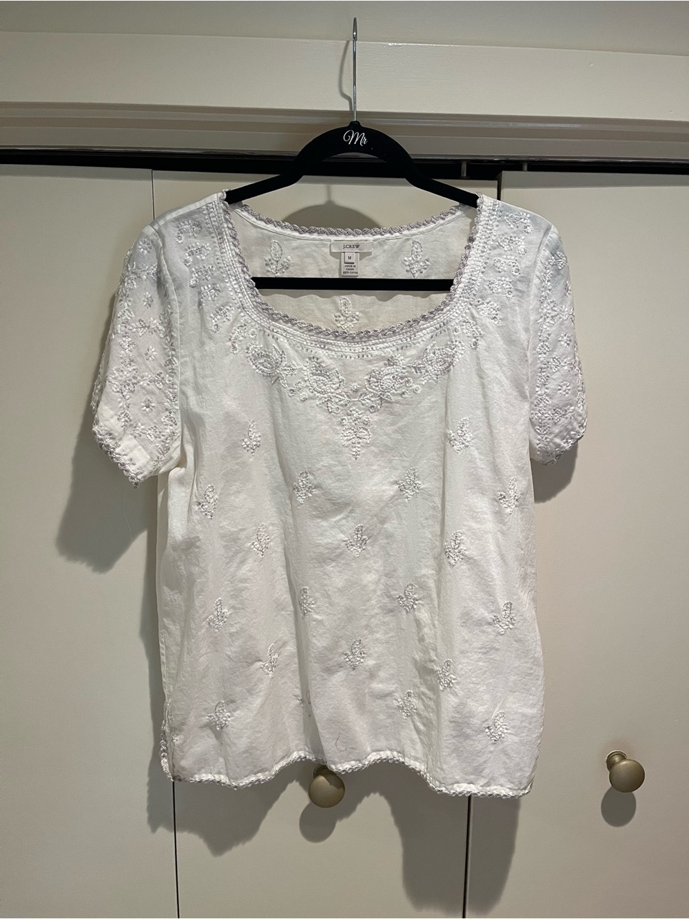 J. Crew White Embroidered Scoop-Neck Cotton Top